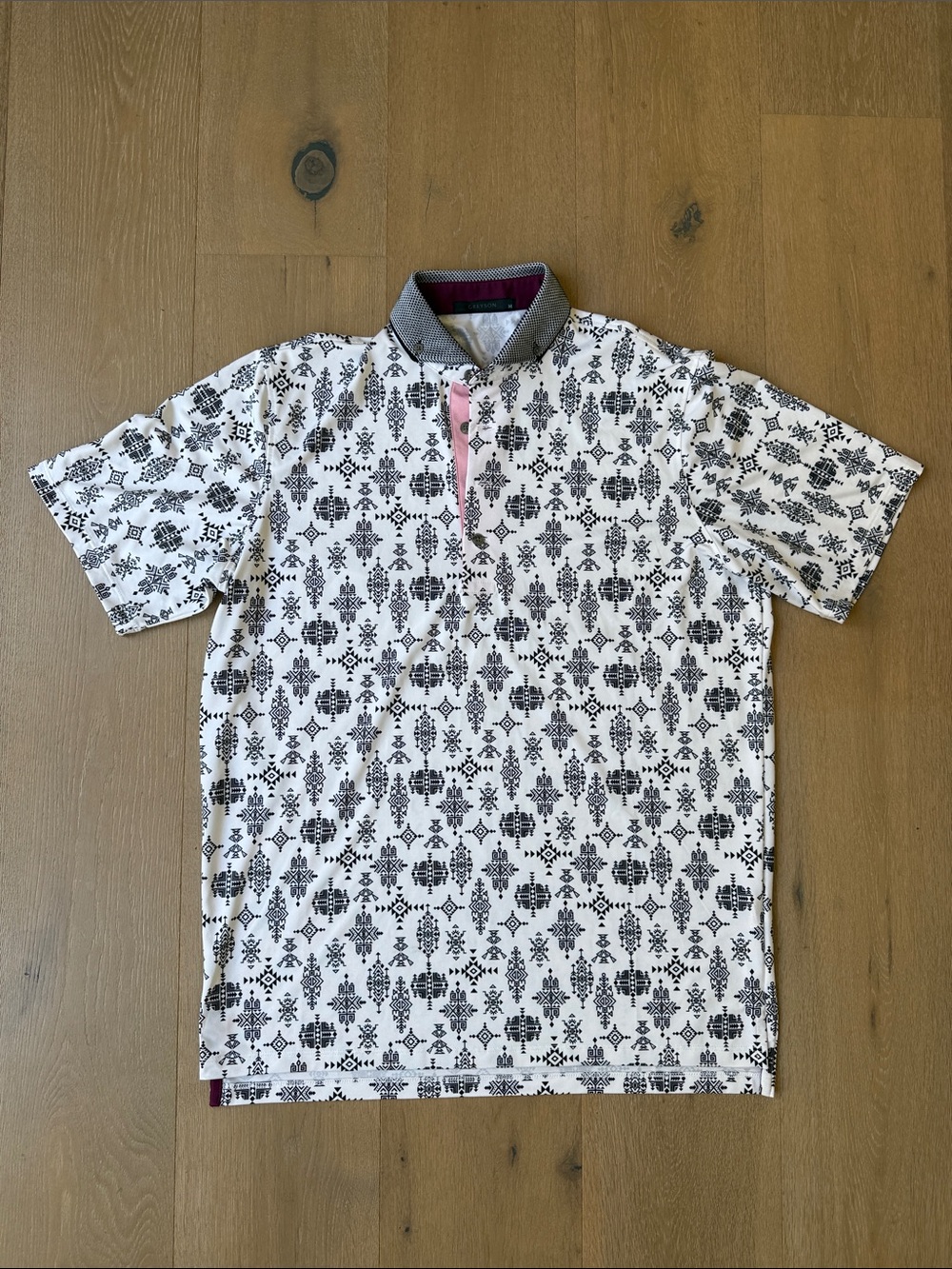 Greyson White Polo with Black Geo Print and Pink Placket